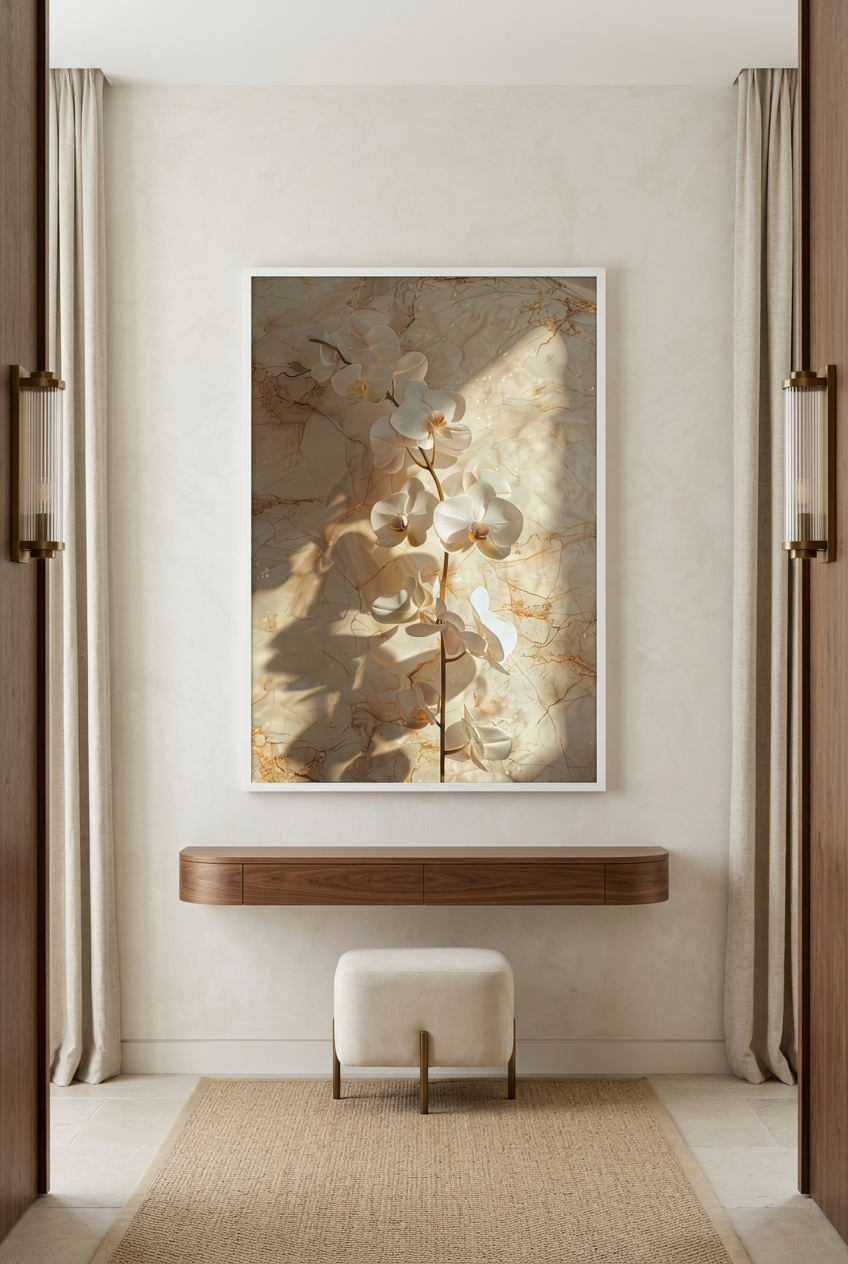 L'Orchidée Dorée — poster in witte lijst in een hal