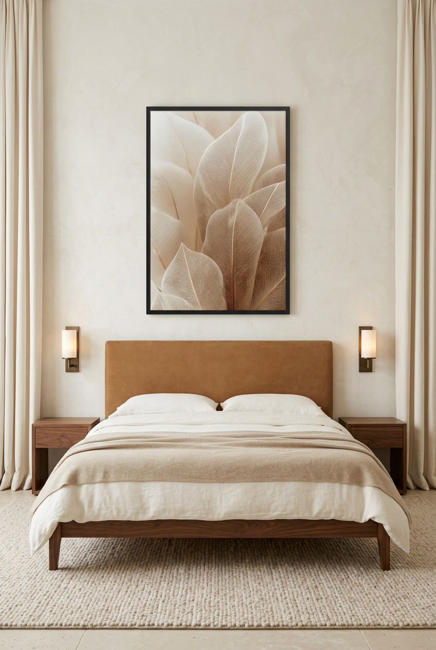 La Dentelle des Feuilles — poster con cornice nera in una camera da letto