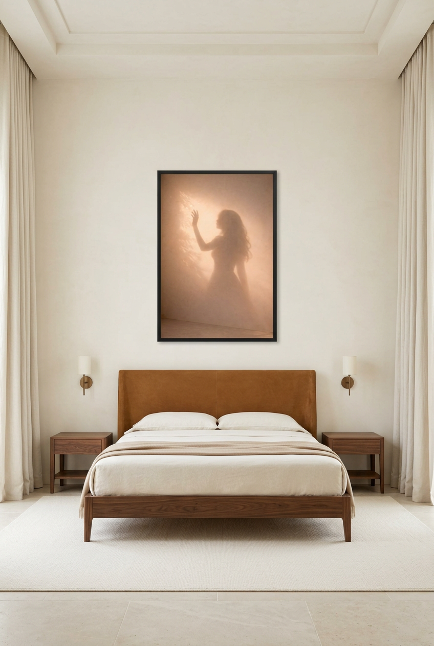 La Lumière Touchée — poster in zwarte lijst in een slaapkamer