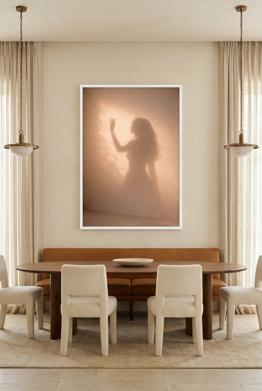 La Lumière Touchée — poster in witte lijst in een eetkamer