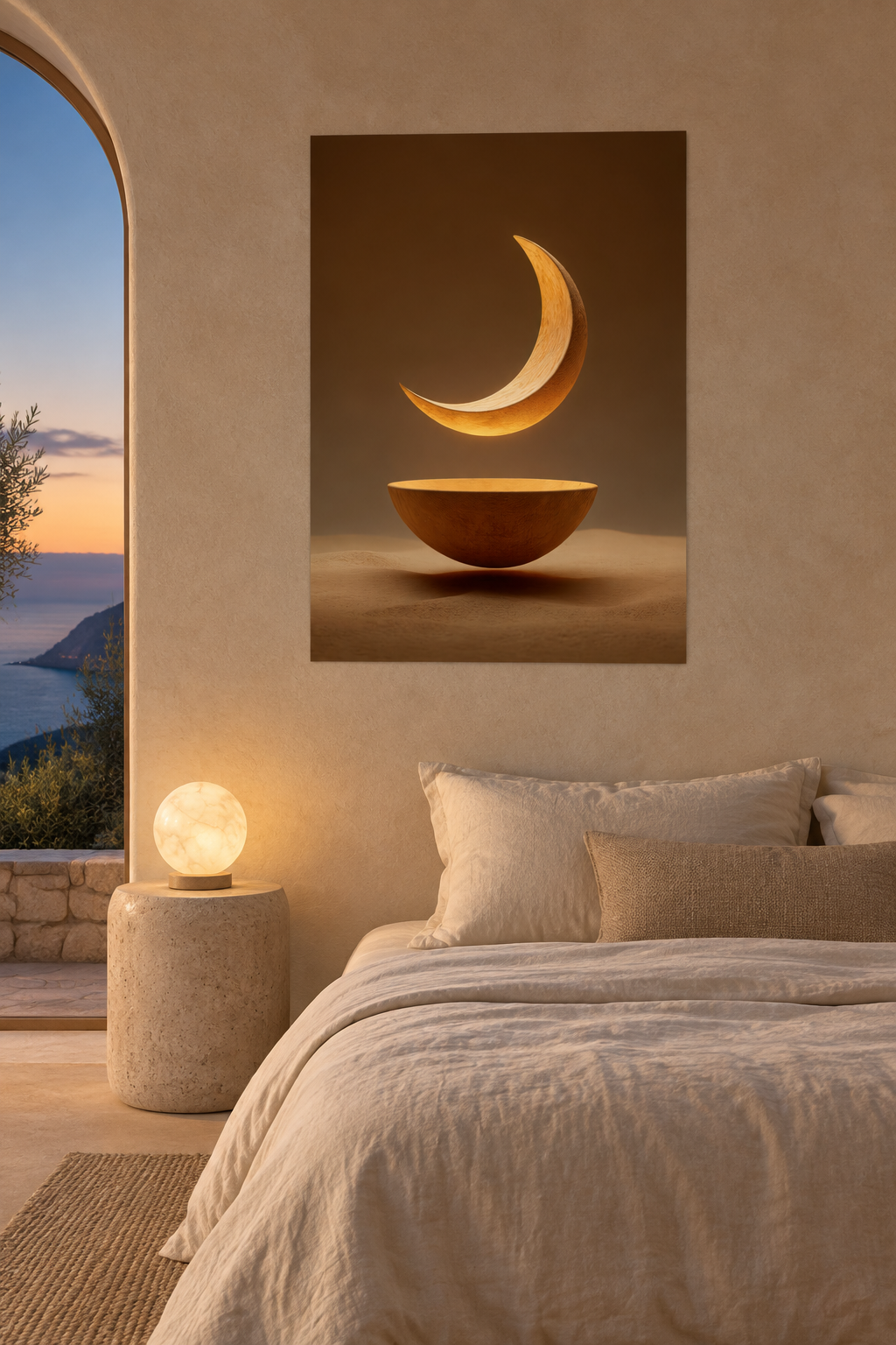 The Moon and the Bowl in a sand and ivory bedroom