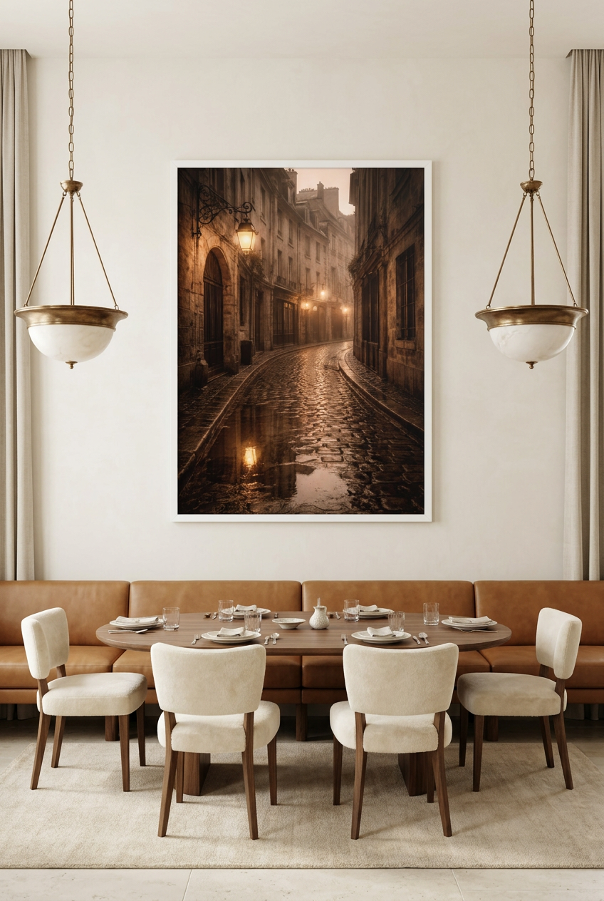 La Ruelle Sous La Pluie — affisch i vit ram i en matsal