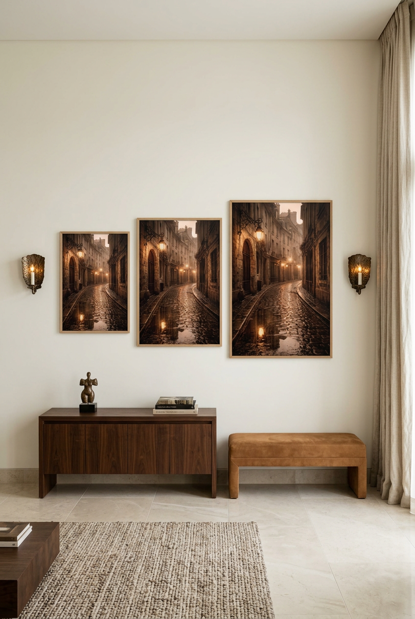 La Ruelle Sous La Pluie — three sizes of the poster in oak frames
