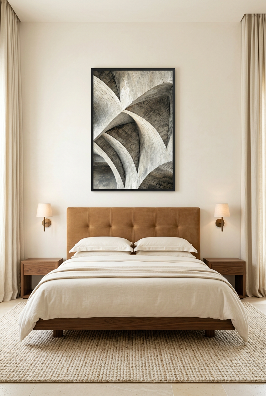 La Spirale de Béton — affiche en cadre noir dans une chambre