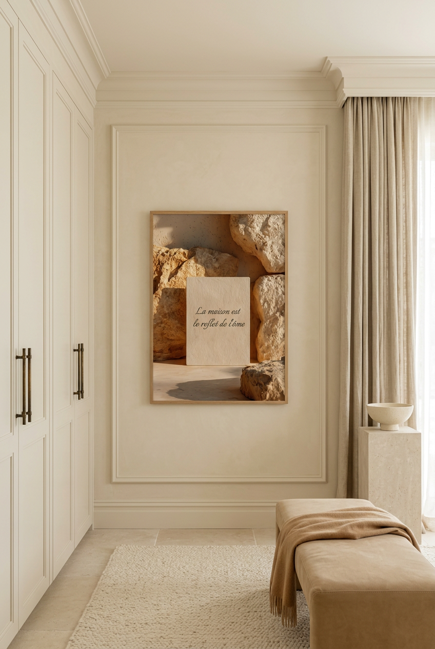 La Stele — poster con citazione personalizzabile: citazione incisa su una stele tra rocce ocra, in una cabina armadio