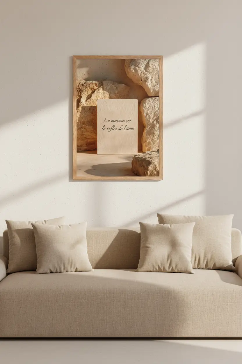 La Stèle — Affiche murale citation personnalisable, affiche murale minimaliste avec cadre bois, décoration murale salon ou chambre, style méditerranéen