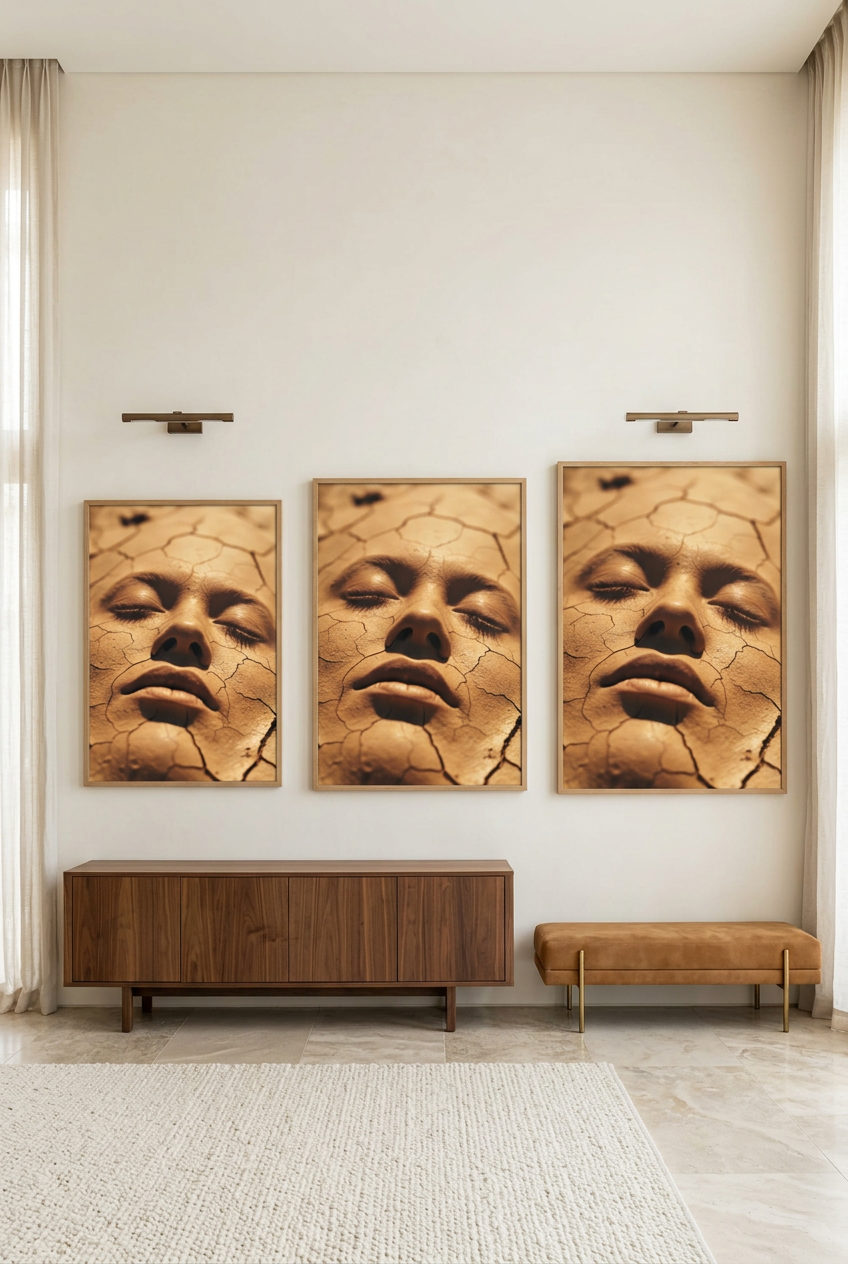 La Terre et le Visage — three sizes of the poster in oak frames