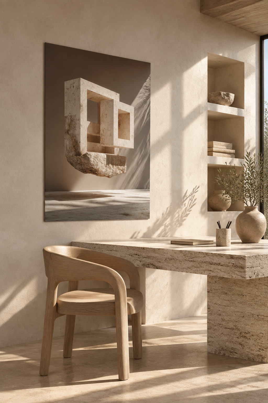The Hollowed Block in a travertine office