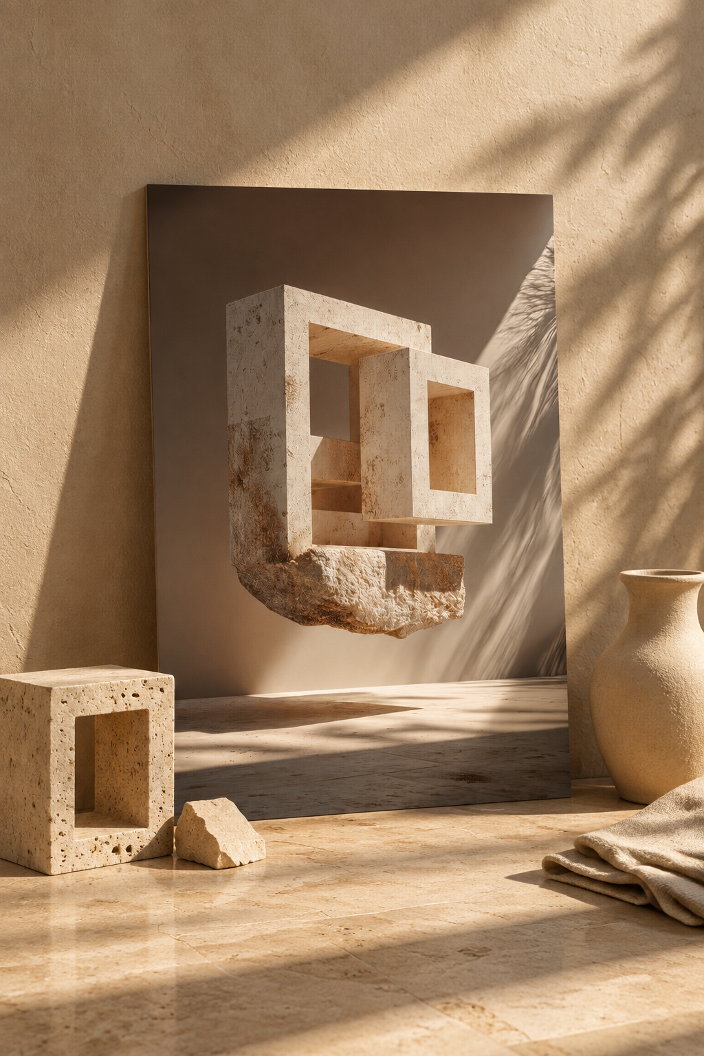The Hollowed Block resting on the floor with a travertine block