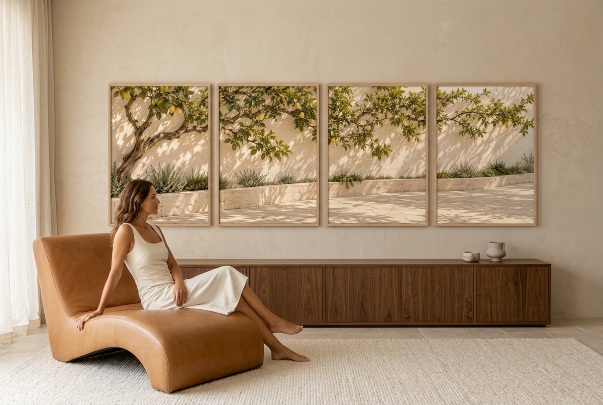 Il Limone del Patio — quadrittico da parete: limone contro un muro di calce, con una donna distesa su una chaise longue