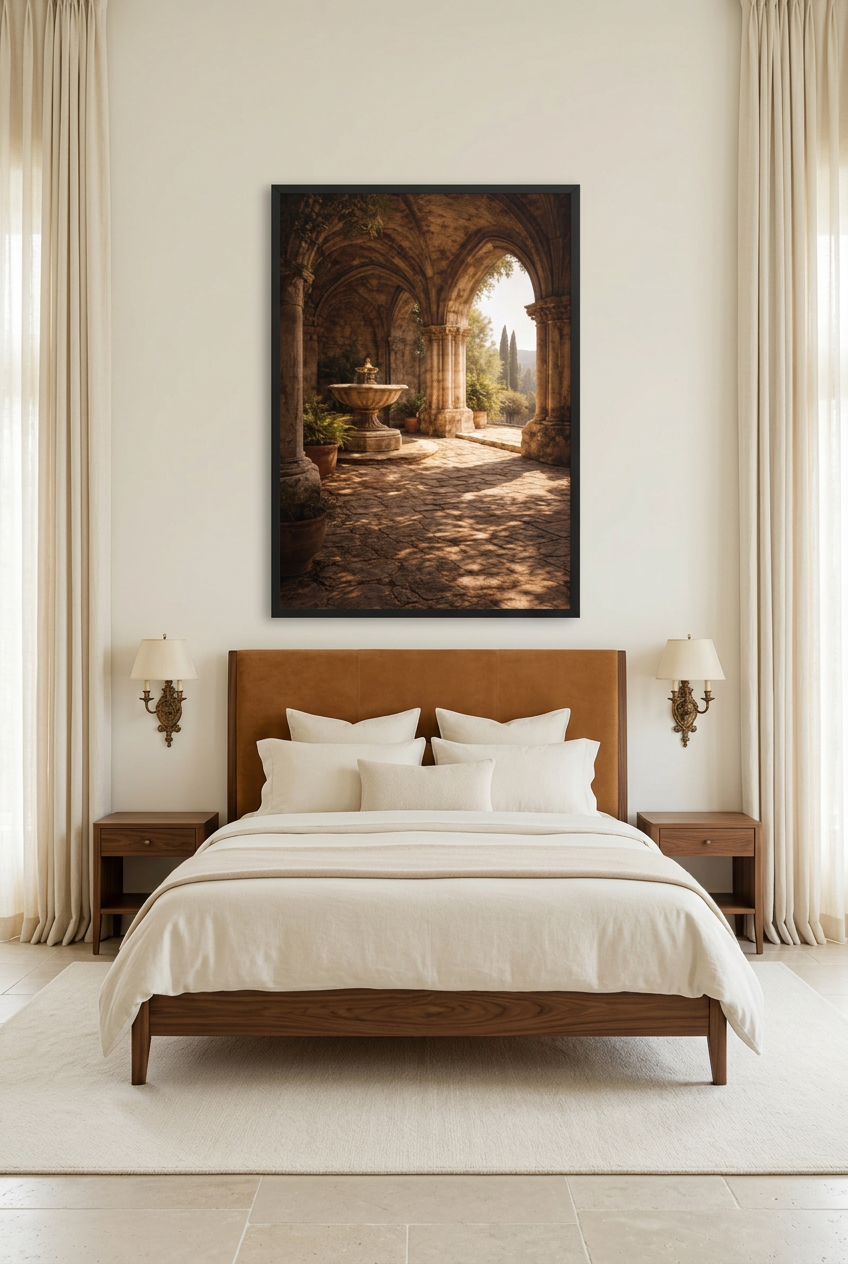 Le Cloître à la Fontaine — póster con marco negro en un dormitorio
