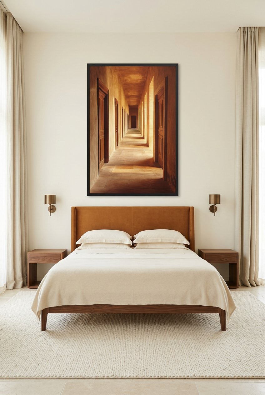 Le Couloir — poster in zwarte lijst in een slaapkamer