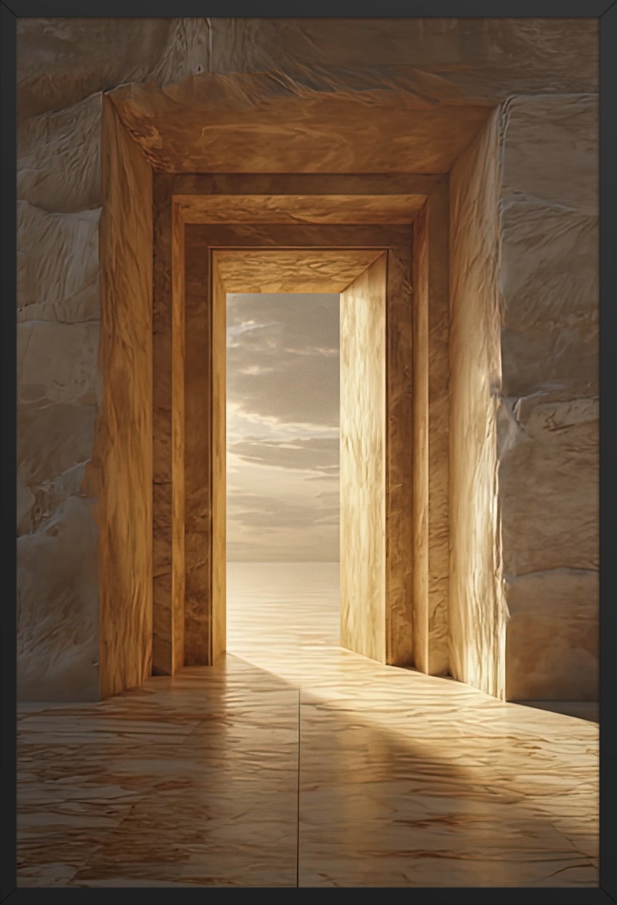 The Golden Threshold — poster in a black frame, front view