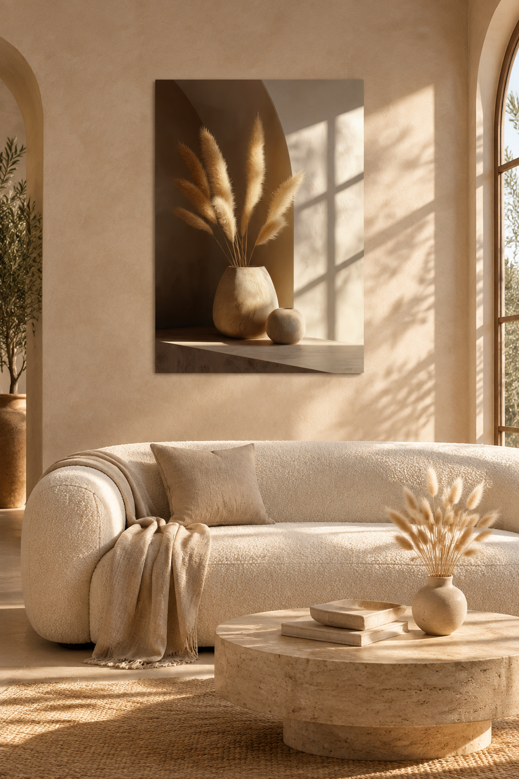 Die Vase mit Lagurus in einem mediterranen Wohnzimmer
