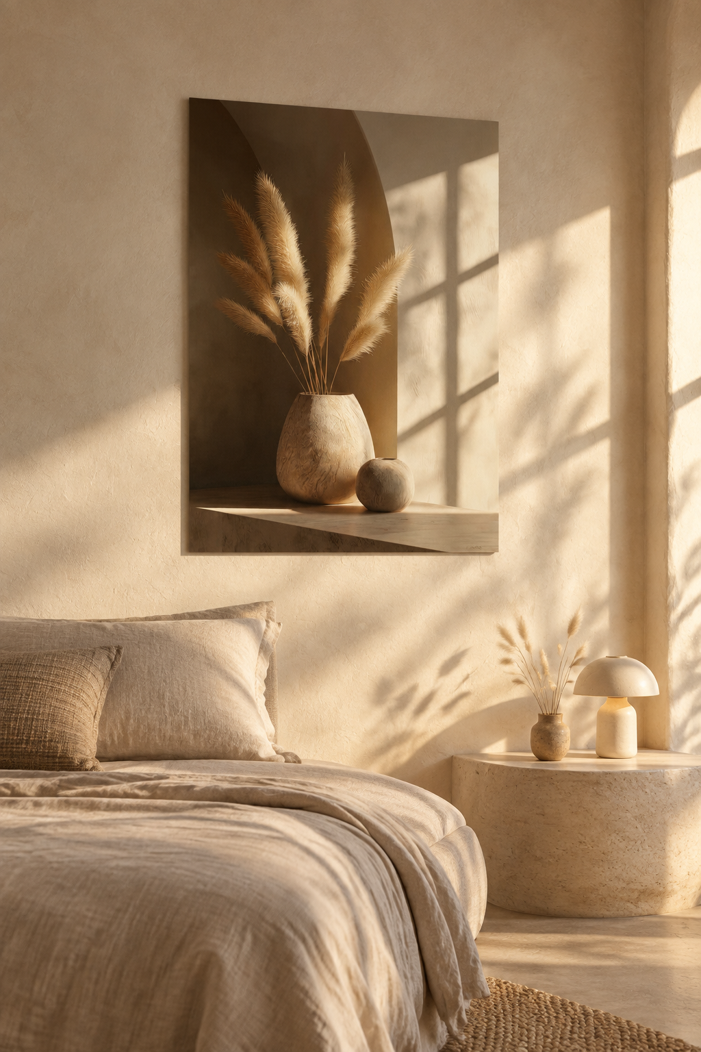 Die Vase mit Lagurus in einem sand- und elfenbeinfarbenen Schlafzimmer