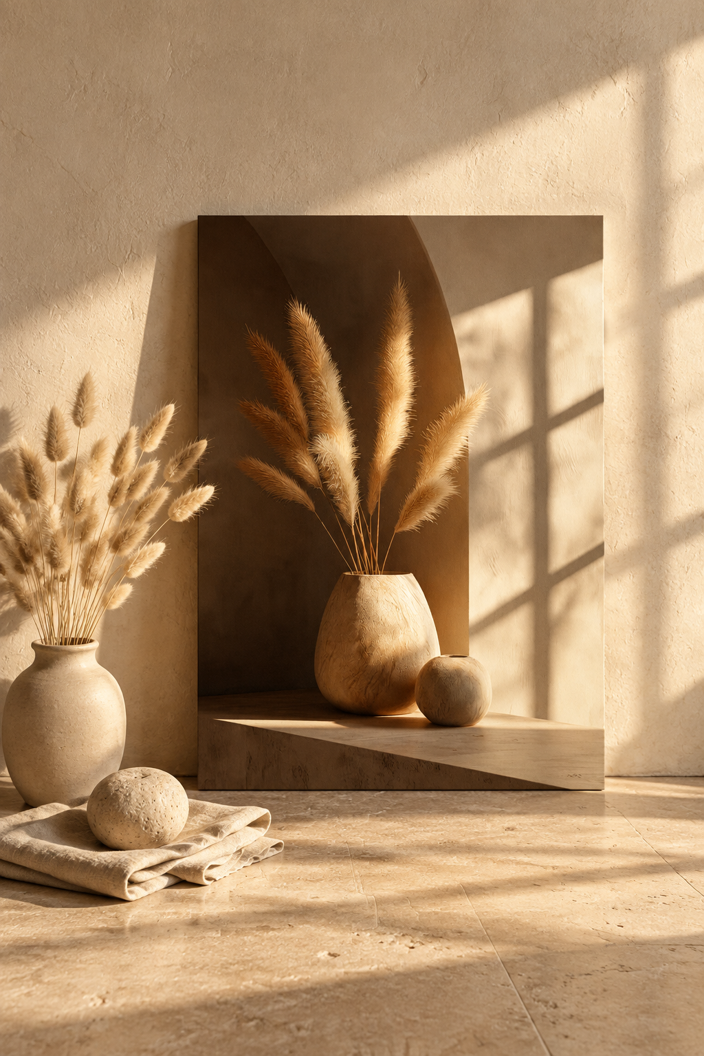 Die Vase mit Lagurus auf dem Boden mit Vase und Gräsern