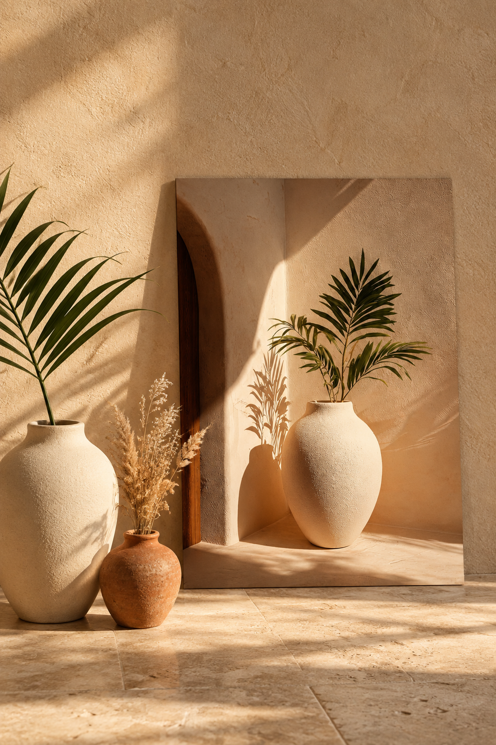 Die Vase unter der Palme auf dem Boden mit Vase und Palme