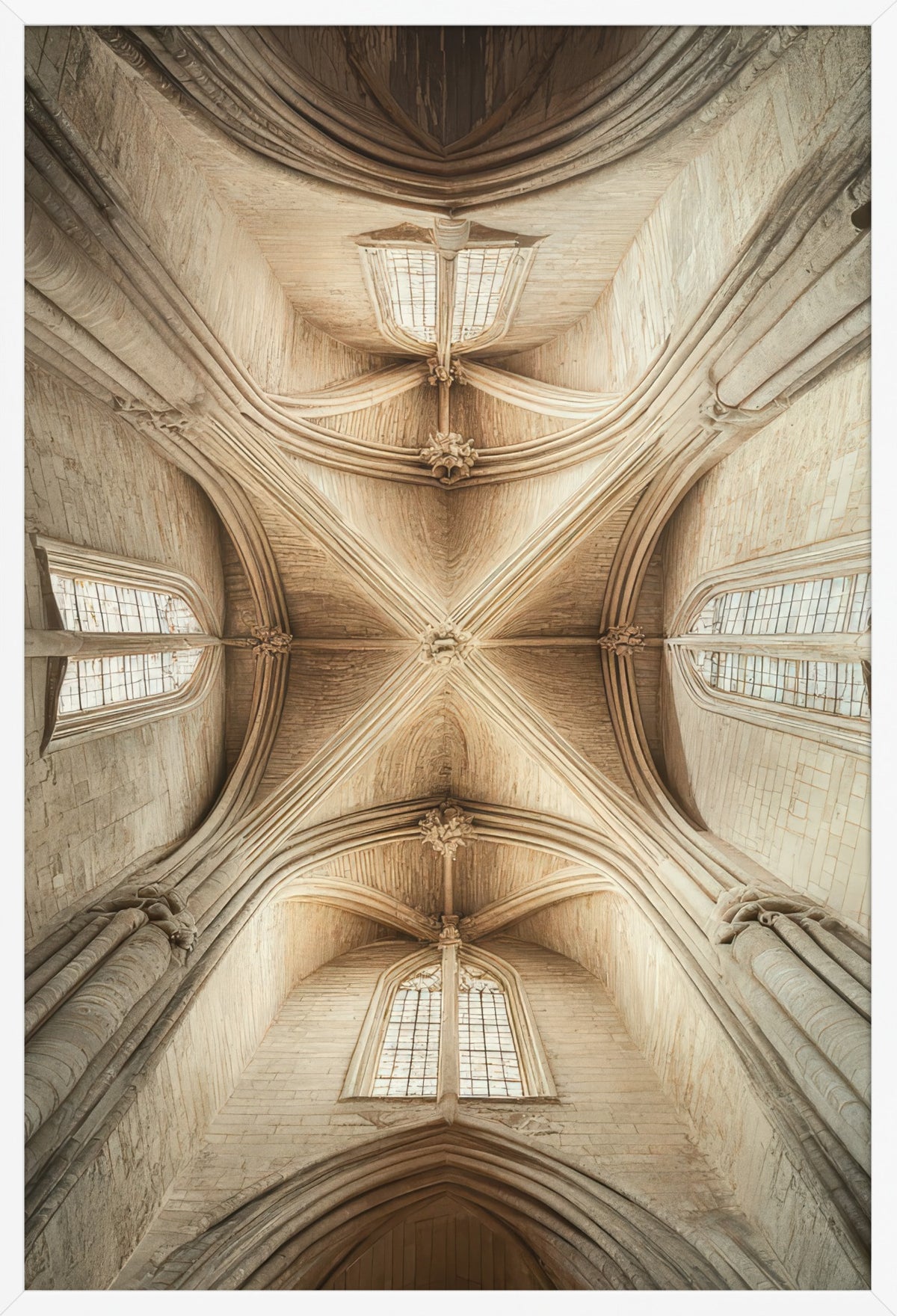 Vertigo - Minimalist Beige Gothic Architecture Wall Art Poster — poster in a white frame, front view
