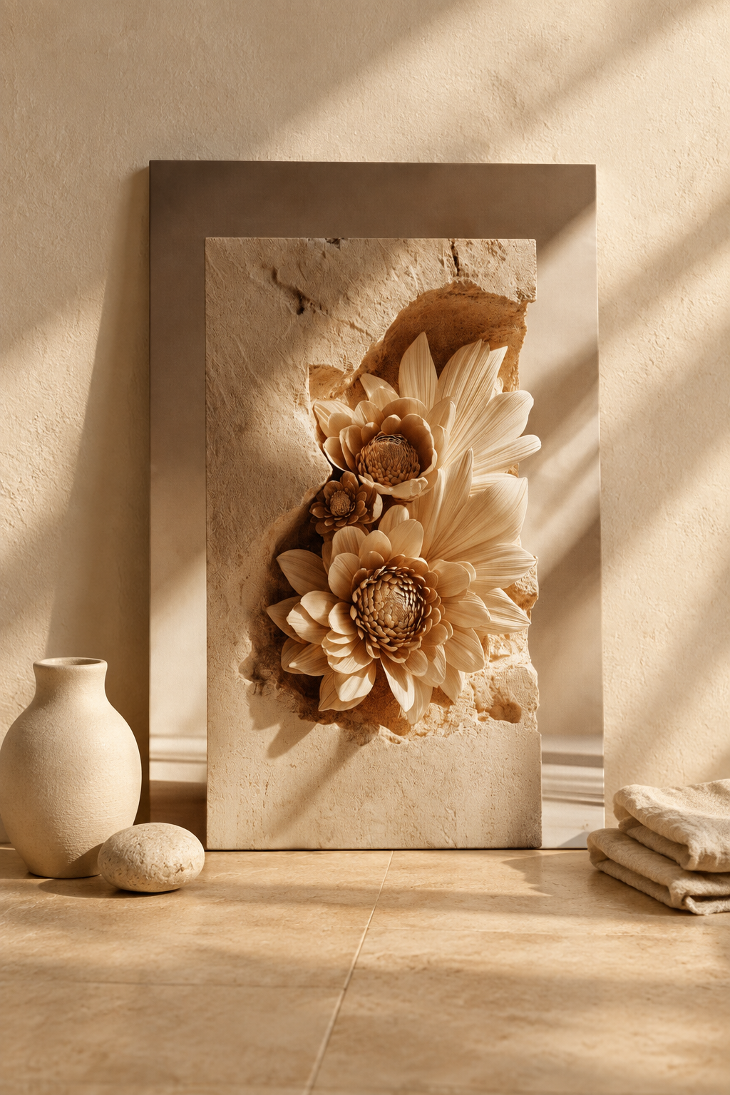 De Stenen Bloemkronen op de vloer tegen een kalkmuur