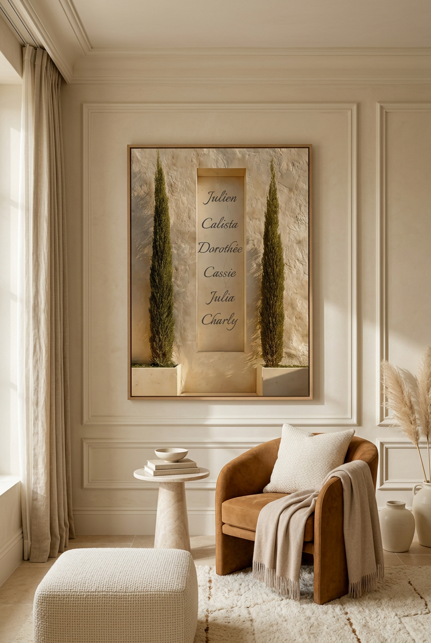 I Cipressi di Famiglia — poster personalizzabile: stele di pietra tra due cipressi con i nomi della famiglia, in un angolo lettura