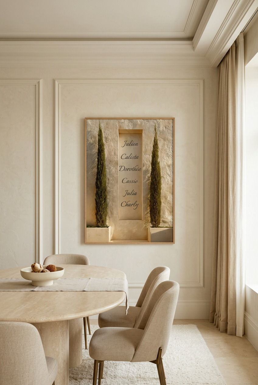 I Cipressi di Famiglia — poster personalizzabile: stele di pietra tra due cipressi con i nomi della famiglia, in una sala da pranzo