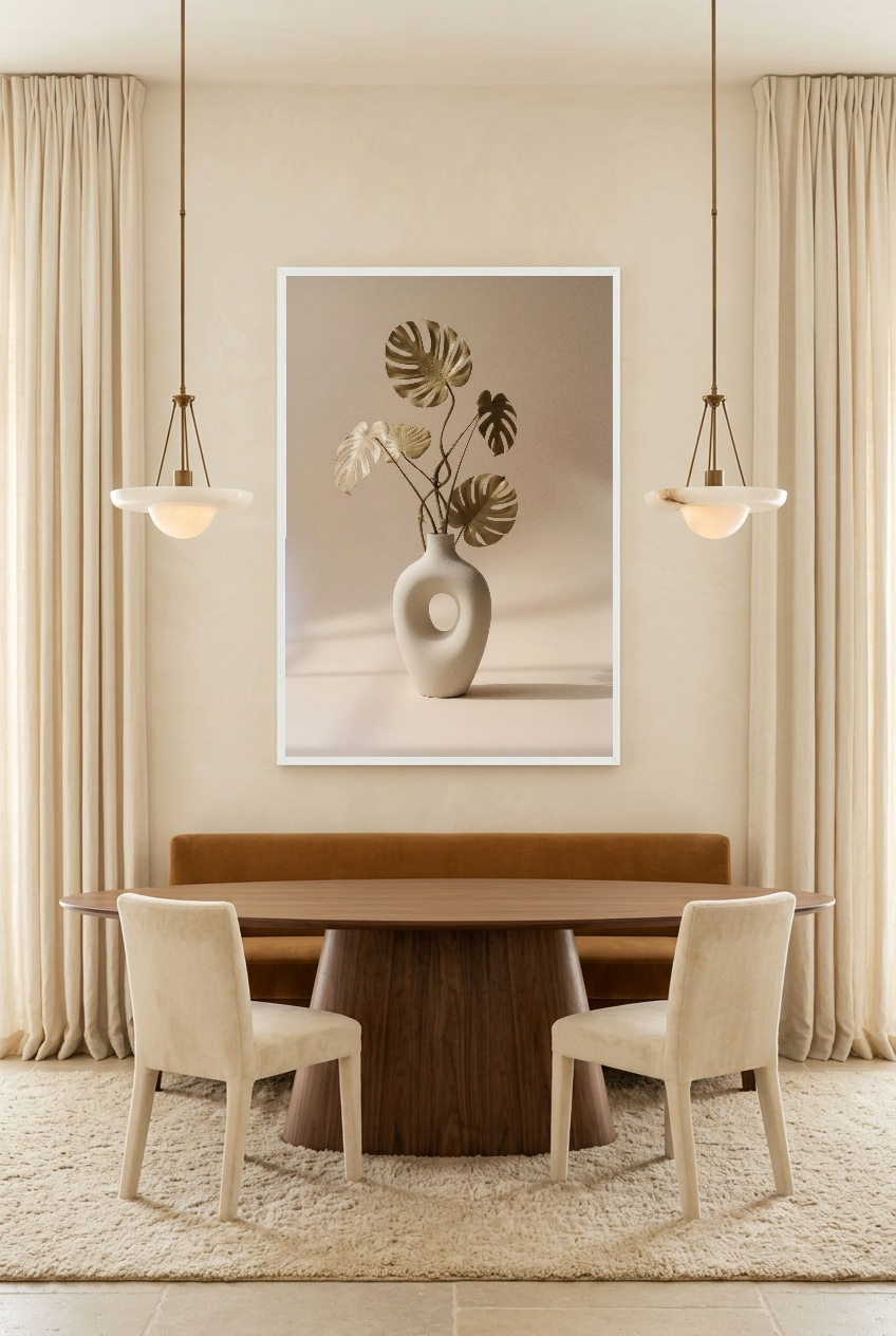 Vase & Monstera Séché — poster in witte lijst in een eetkamer