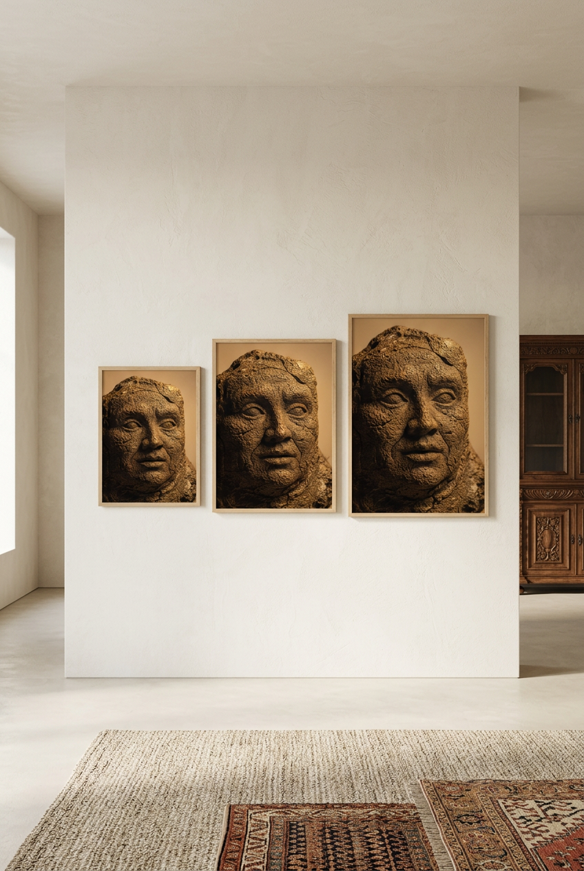 Stone Soul — three sizes of the poster in oak frames