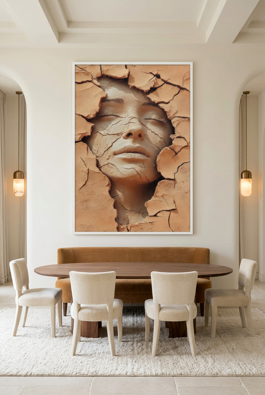 Nascimento de Argila — poster com moldura branca numa sala de jantar