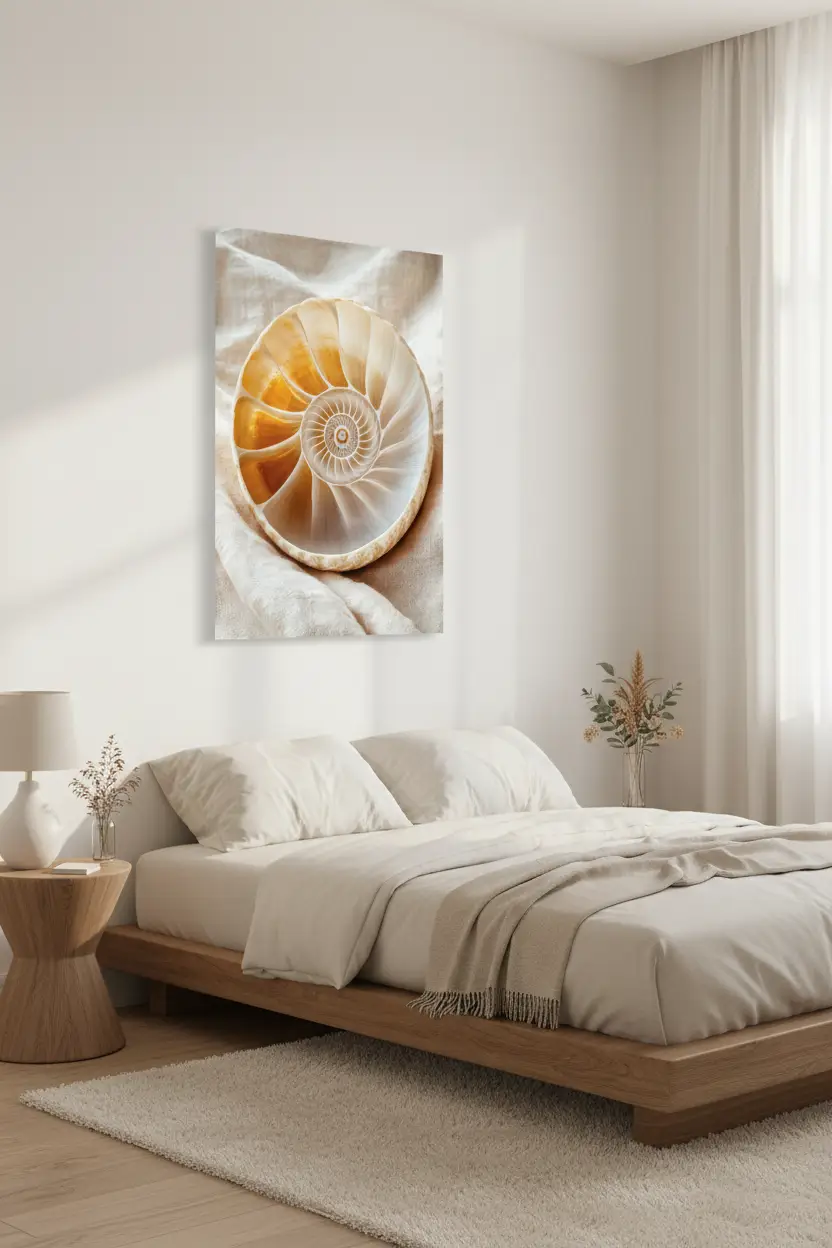 Gouden Nautilus — Minimalistische wandposter ivoor amber zee