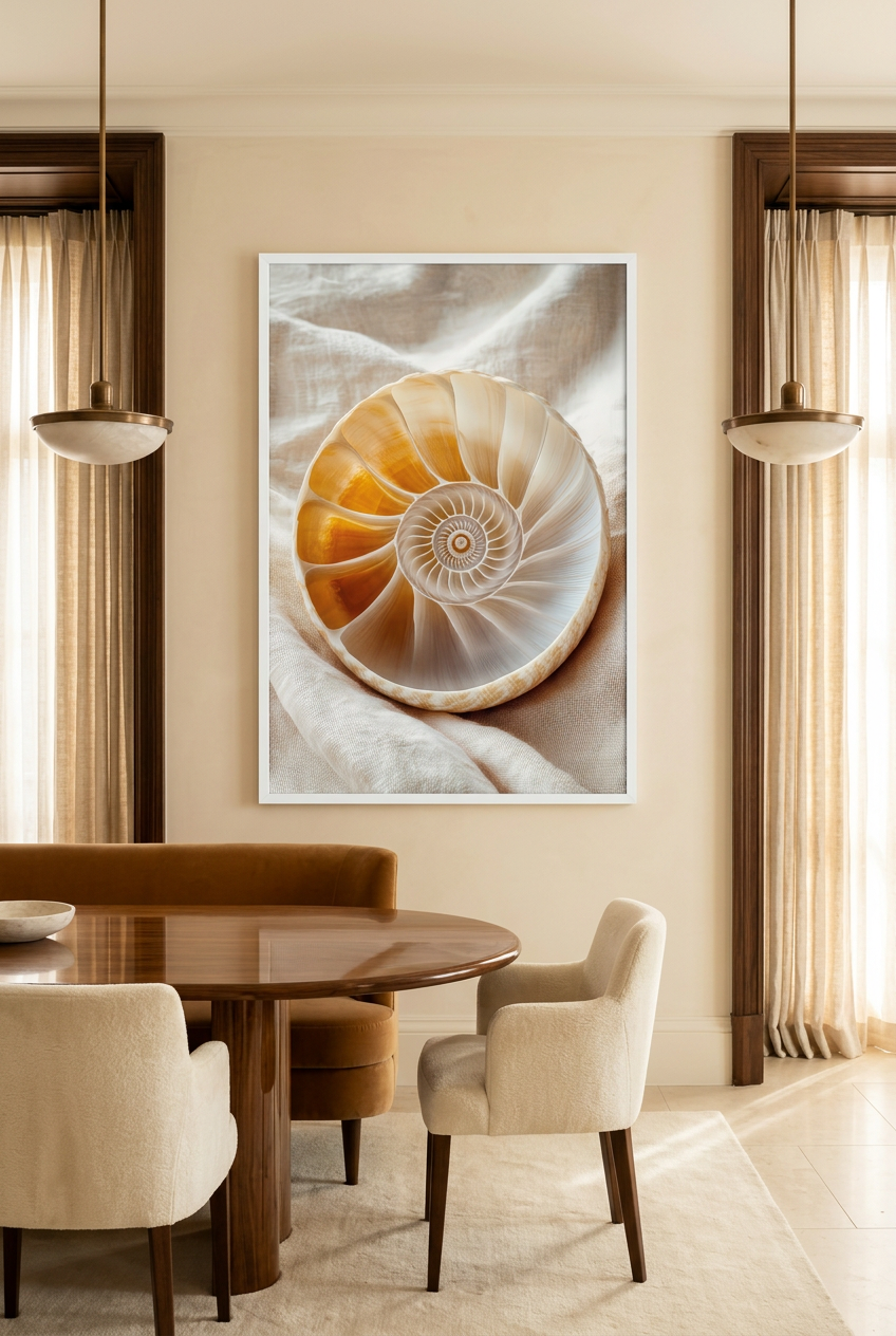 Gyllene Nautilus — affisch i vit ram i en matsal