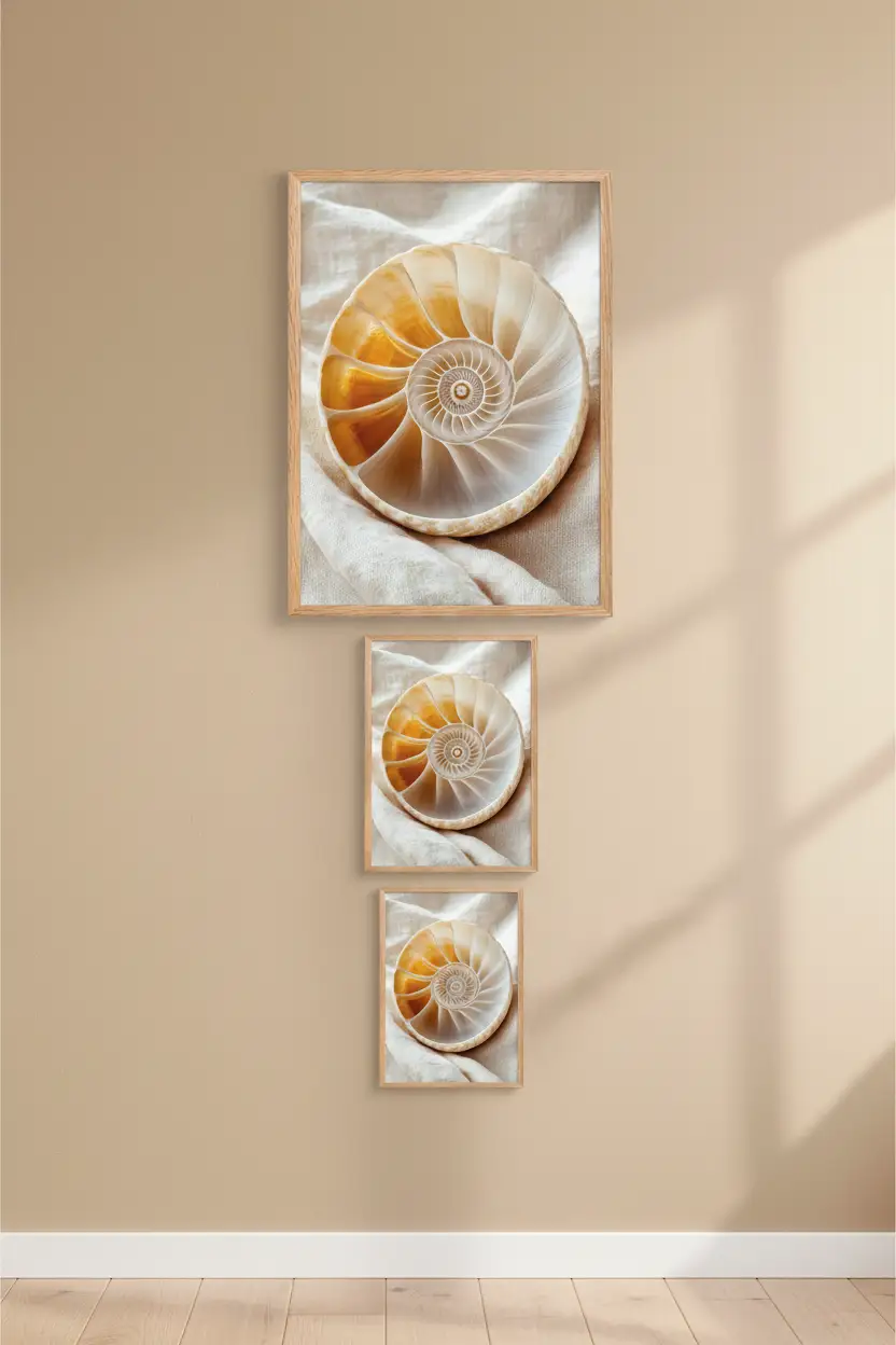 Gouden Nautilus — Minimalistische wandposter ivoor amber zee