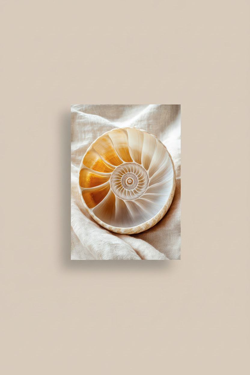 Gouden Nautilus — Minimalistische wandposter ivoor amber zee