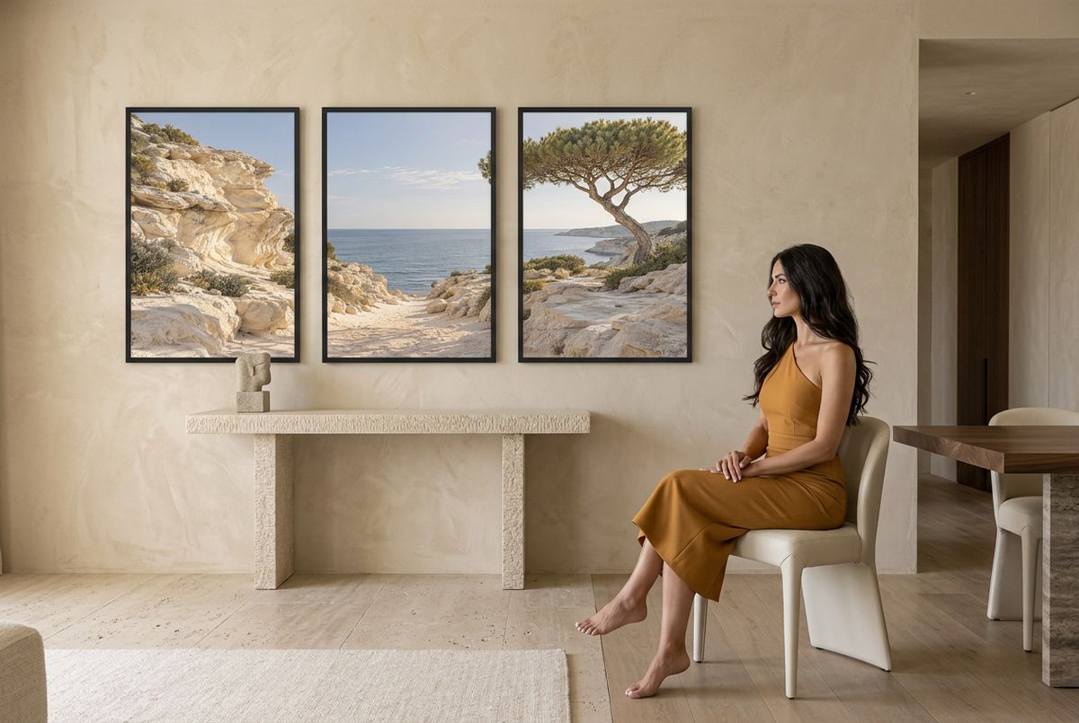 The Calanque — wall triptych, black frames, large format, styled on the wall