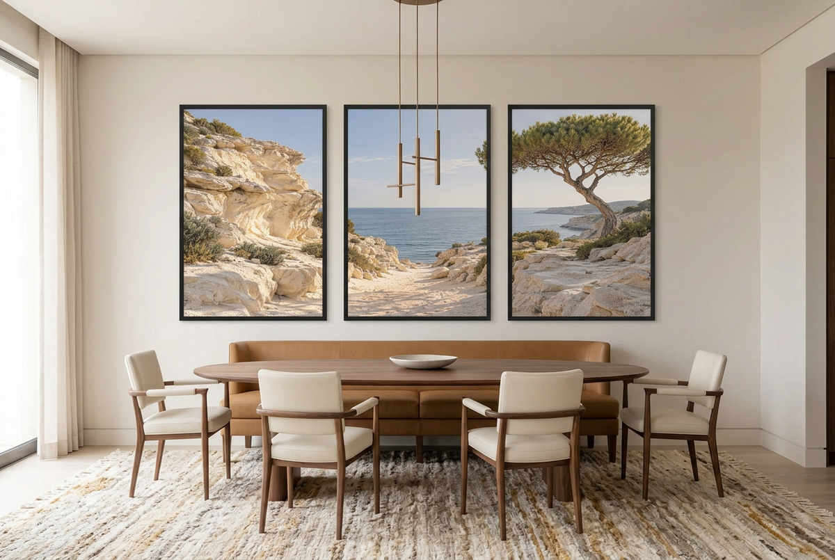 The Calanque — wall triptych, black frames, in a dining room