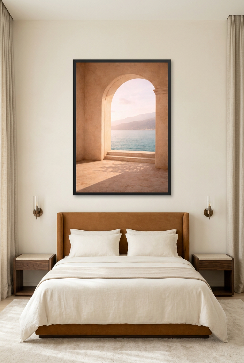 Opening naar de Horizon — poster in zwarte lijst boven een bed