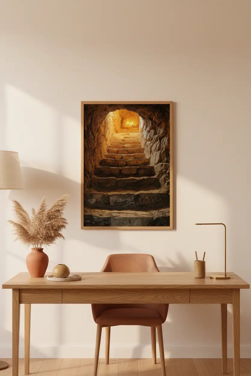 Passage Sacré — Affiche murale minimaliste ocre et beige lumière dorée — affiche murale minimaliste | Cassili-home