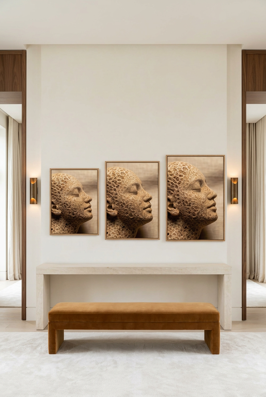 Coral Skin — three sizes of the poster in oak frames