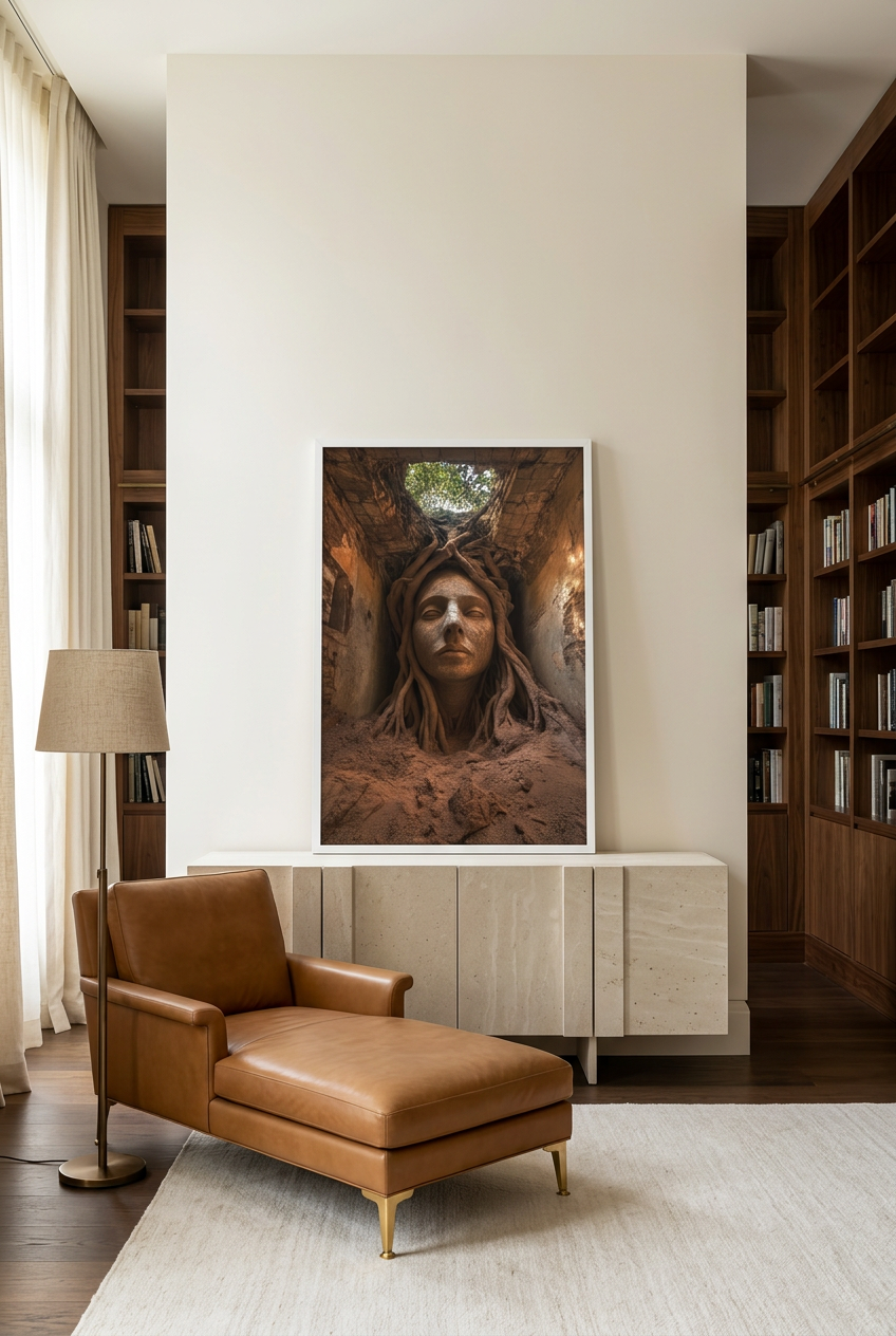 Golden Roots — poster in a white frame in a library