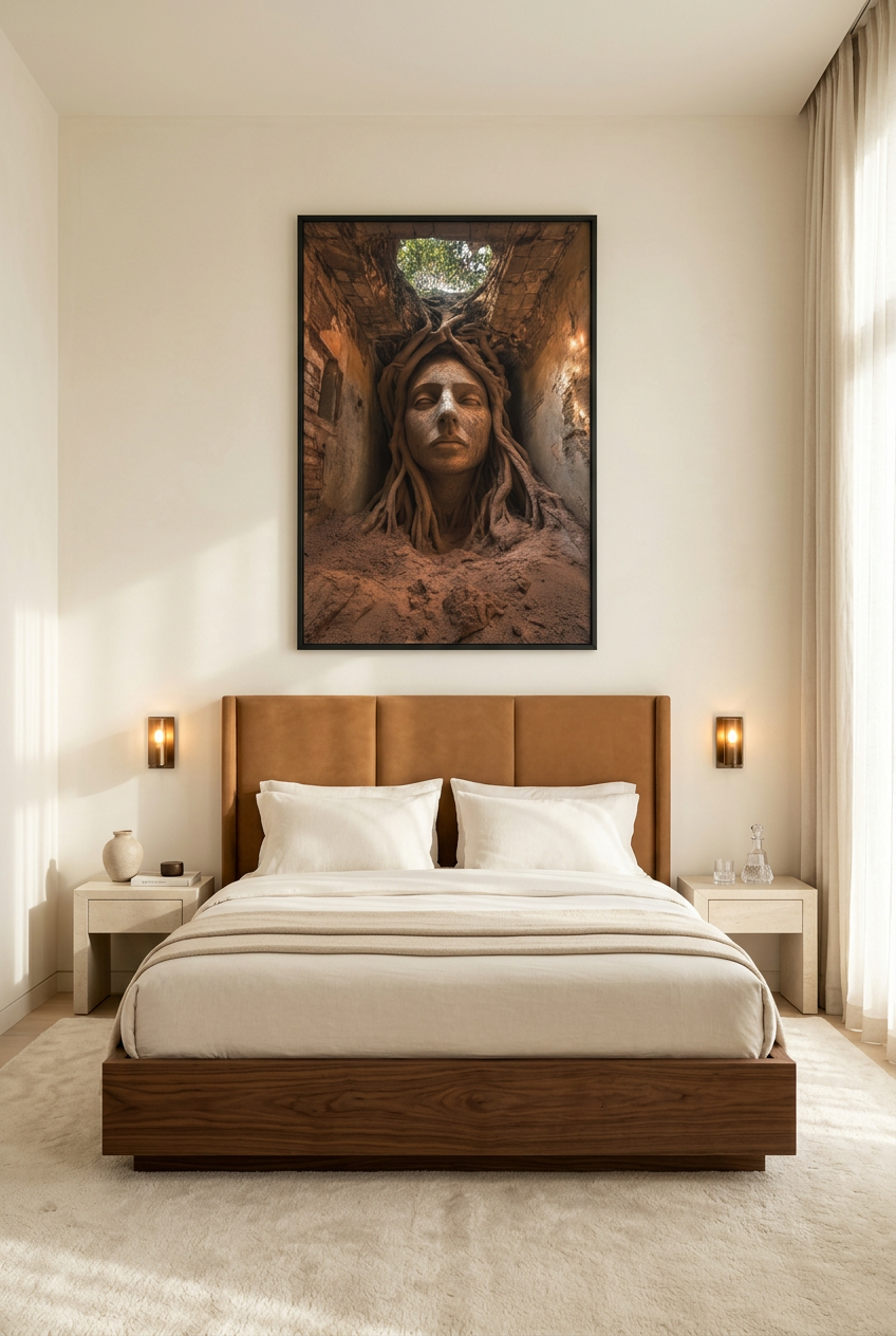 Golden Roots — poster in a black frame in a bedroom
