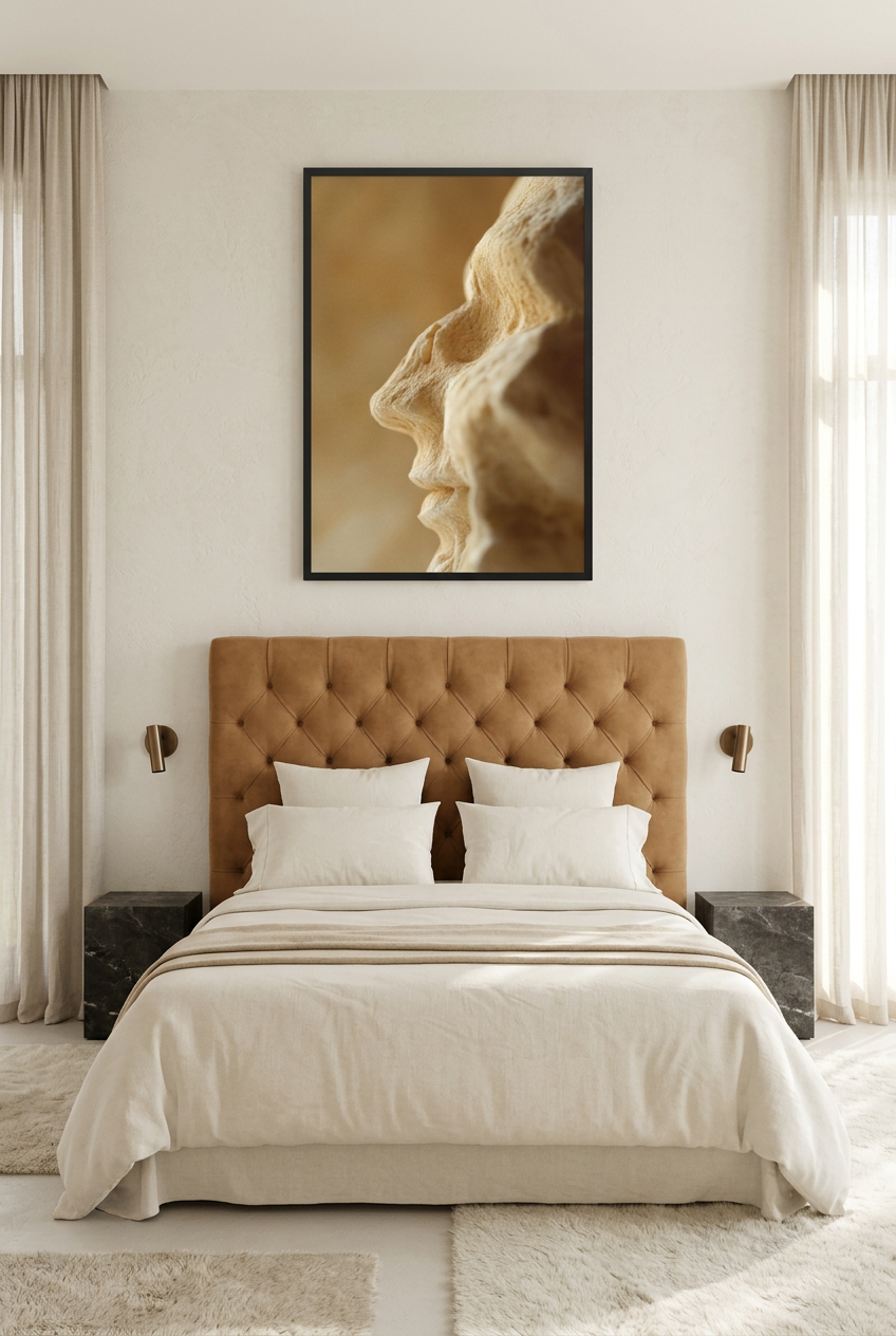 Relikwie — poster in zwarte lijst boven een bed