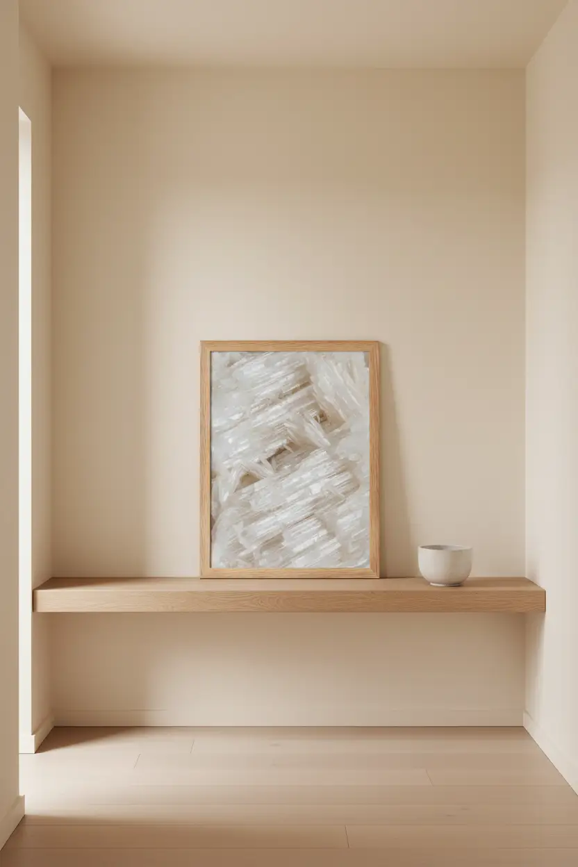 Kristallin Selenit — Minimalistisk väggaffisch i vitt kristall/mineral