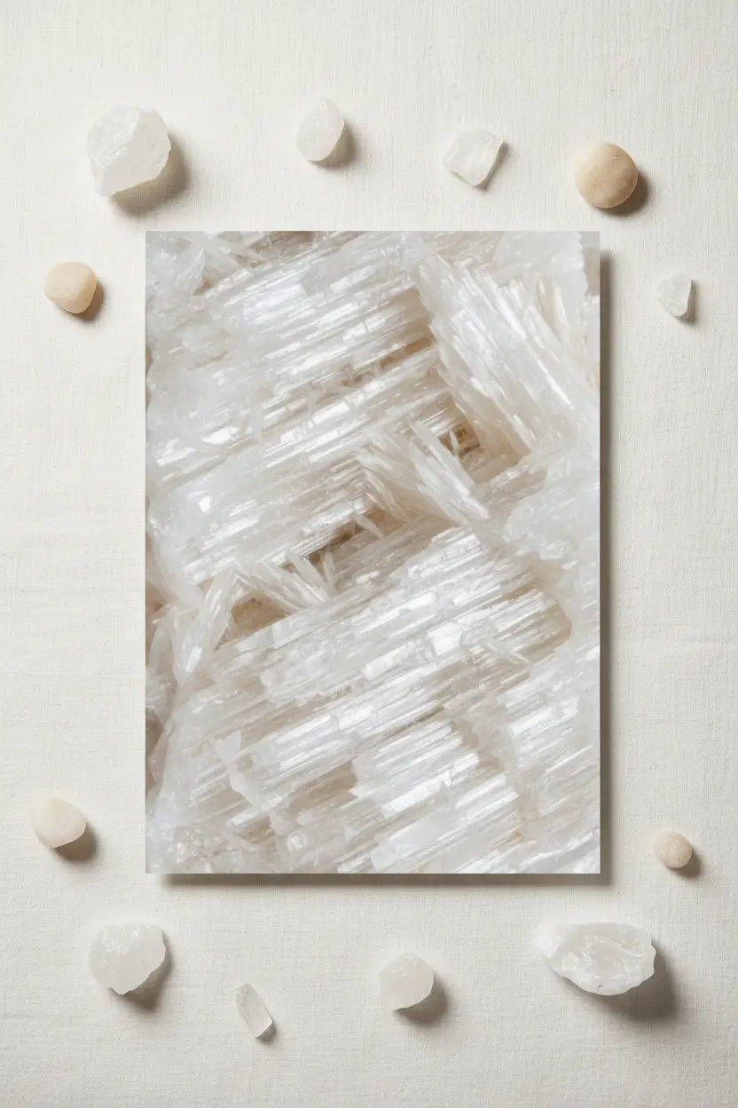 Kristallin Selenit — Minimalistisk väggaffisch i vitt kristall/mineral