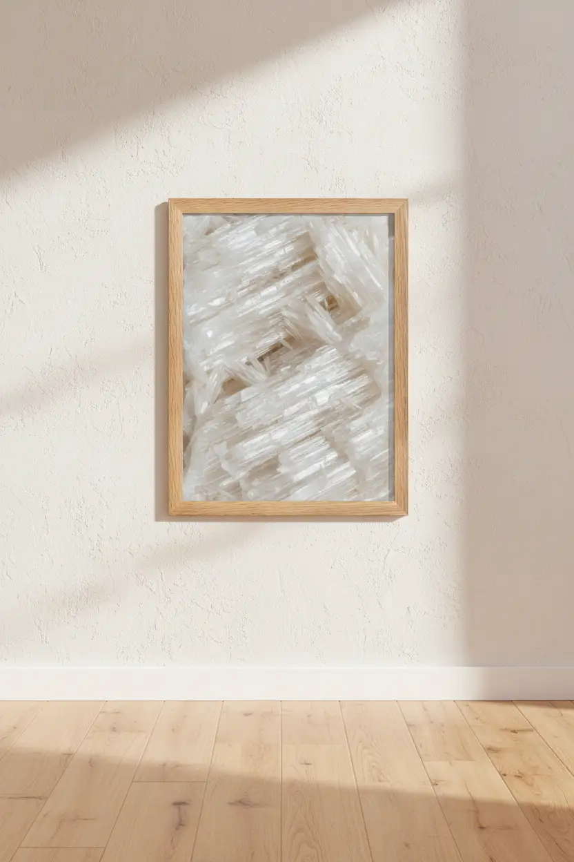 Kristallin Selenit — Minimalistisk väggaffisch i vitt kristall/mineral
