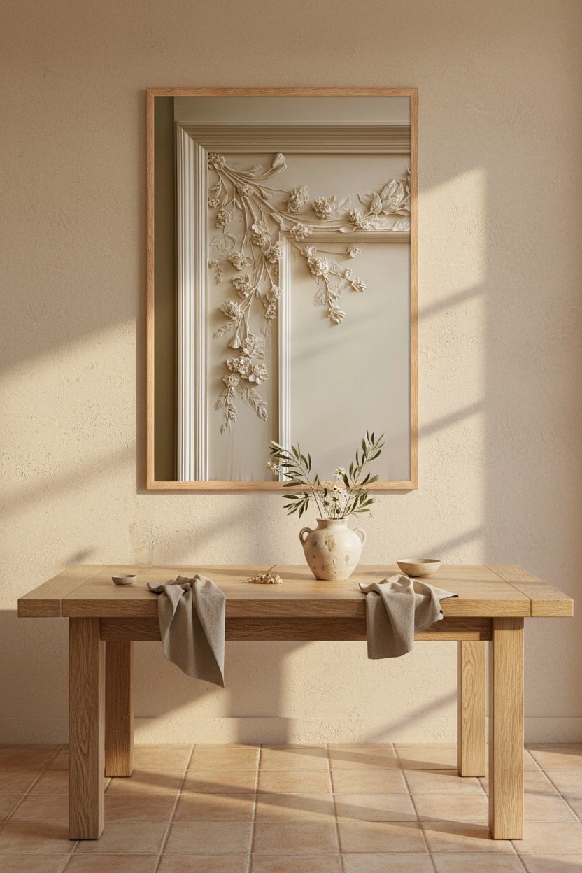 The Woodwork poster in an oak frame in a dining room — ivory stucco bas-relief, carved flowers and foliage