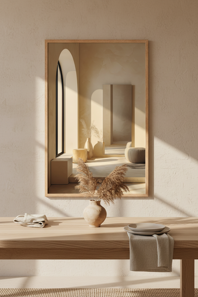 The Room of the Arch poster in an oak frame in a dining room — pointed arch and golden raking light