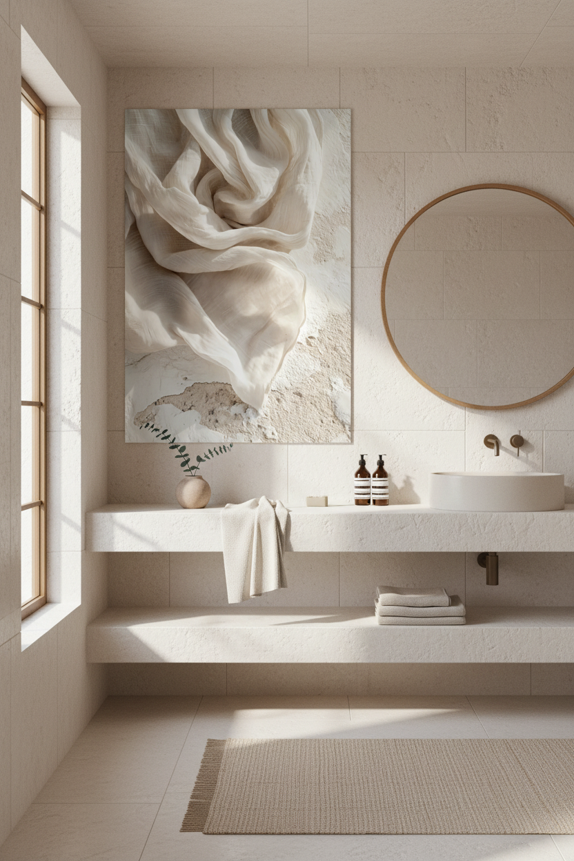 The Ivory Whirlwind poster in a bright bathroom — ivory linen fabric spiralling on sand plaster