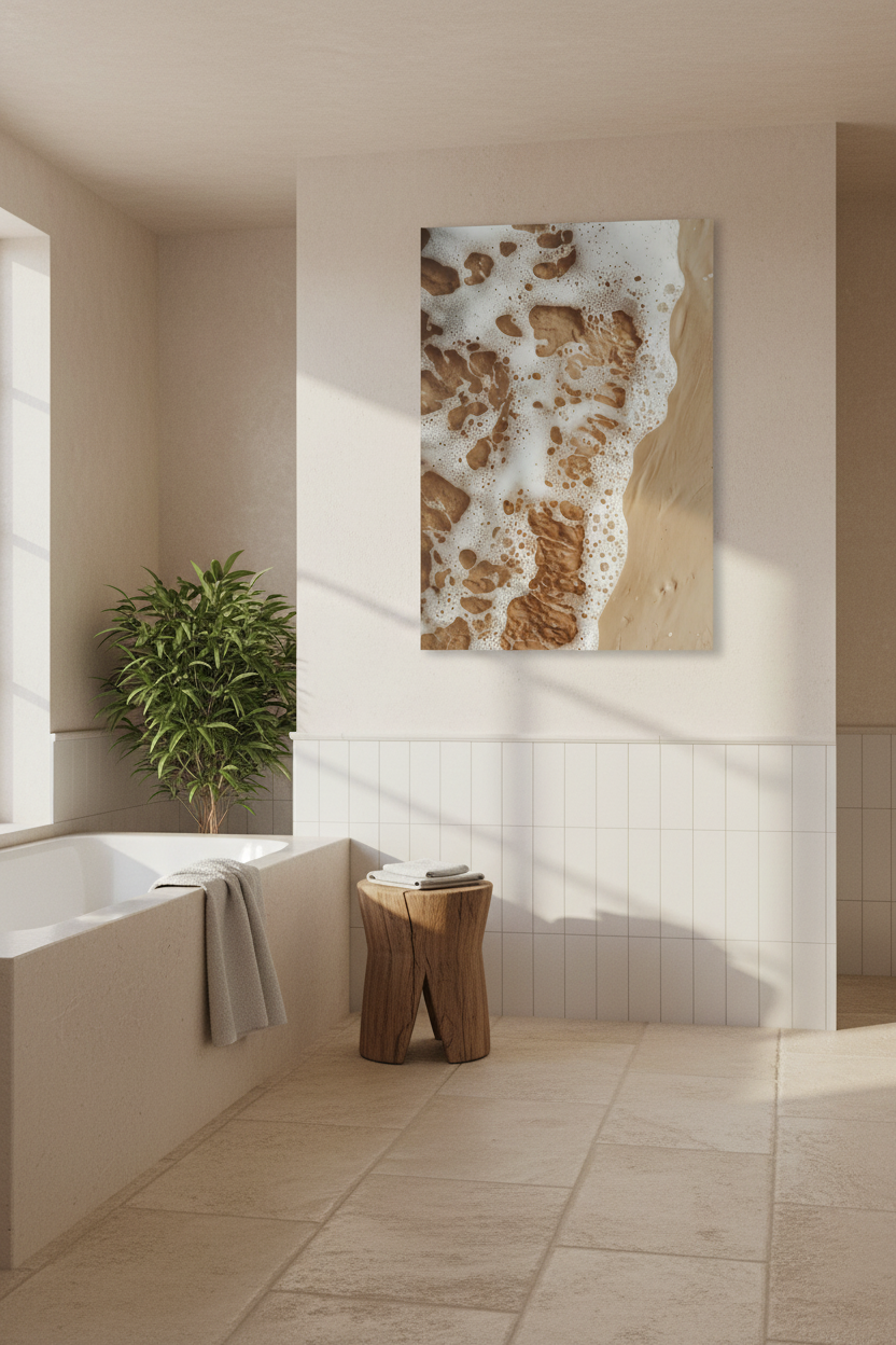Sand and Foam poster in a bright bathroom — white foam lacing golden ochre sand