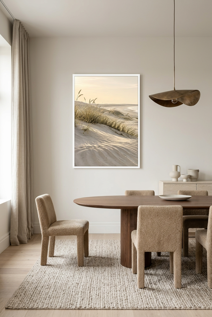 Les Oyats du Rivage — affiche en cadre blanc dans une salle à manger