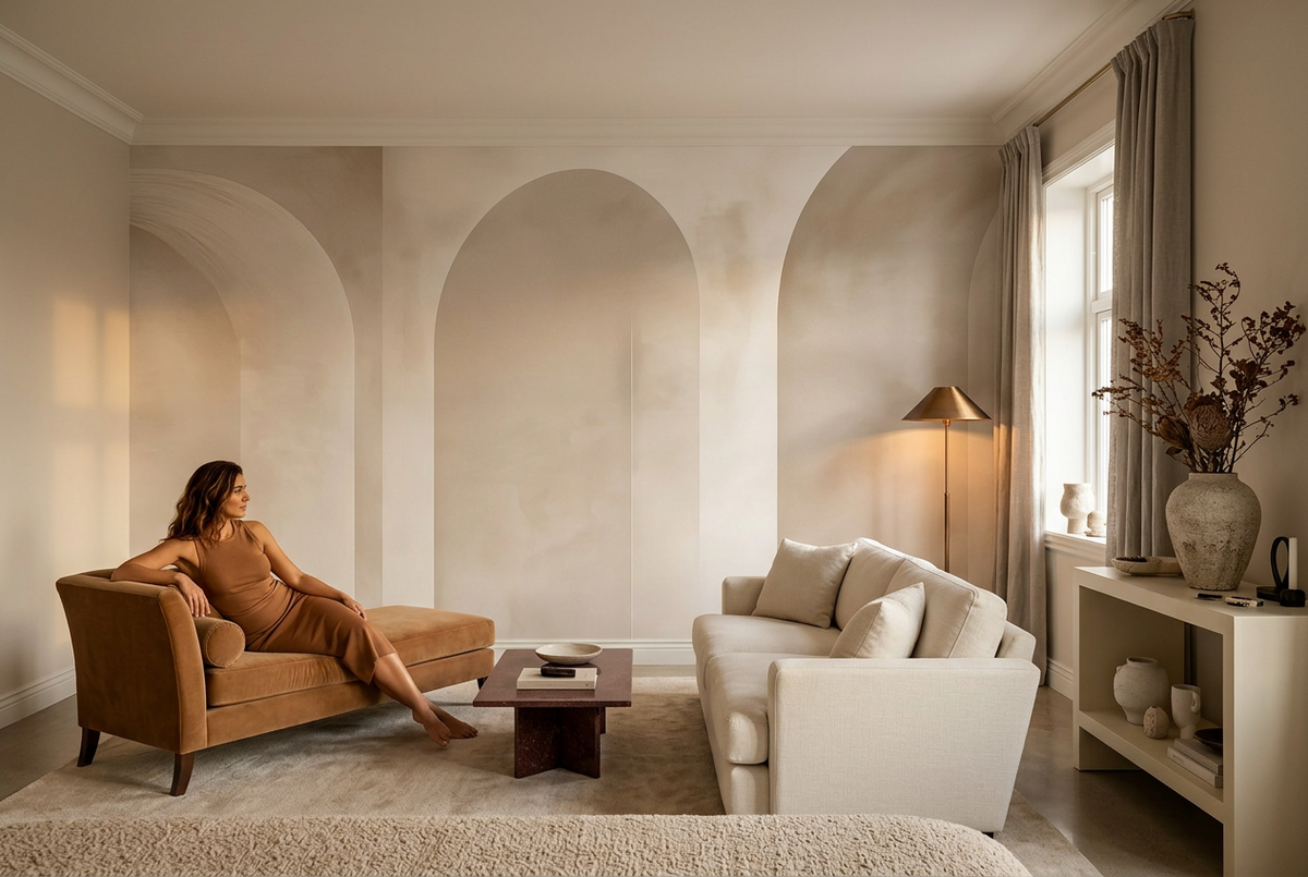 Papier peint panoramique L'Arche contrastée dans un salon, mise en scène