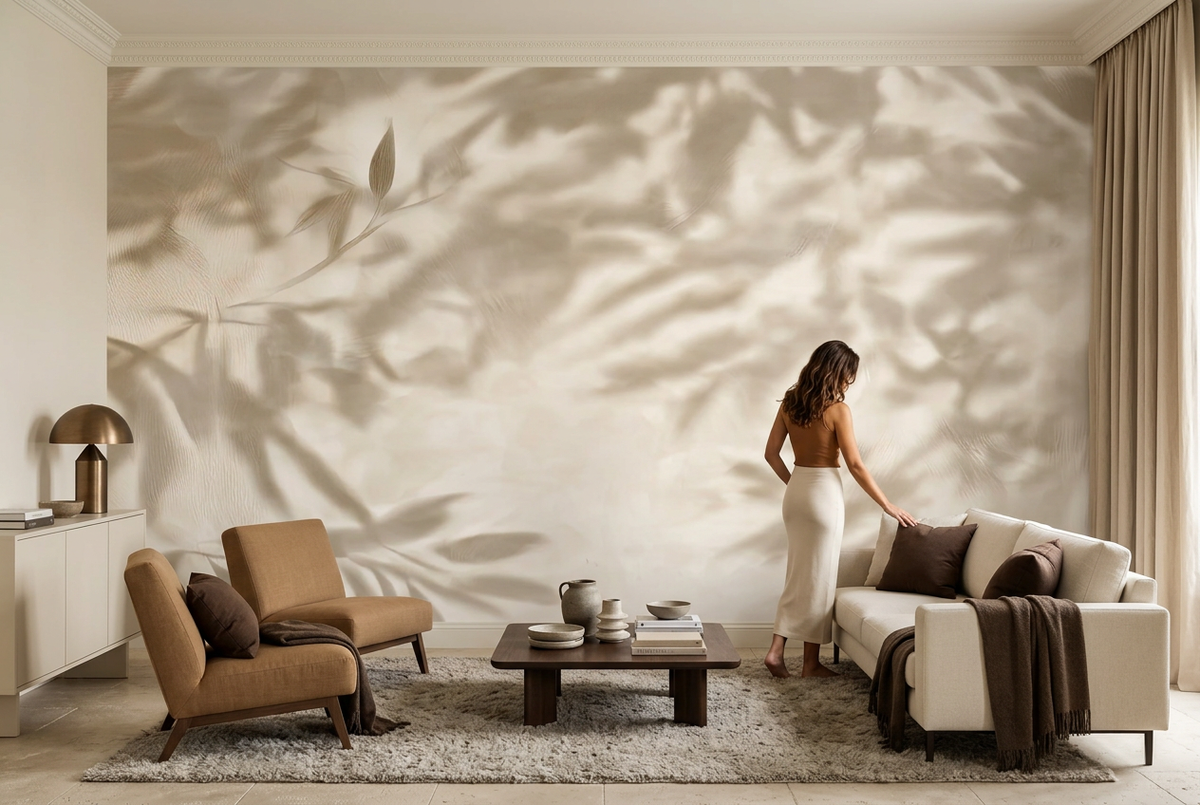 Papier peint panoramique L'Ombre d'olivier dans un salon, mise en scène